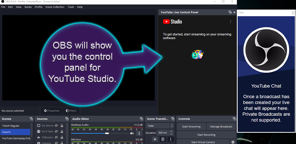 OBS Showing YouTube Live Studio